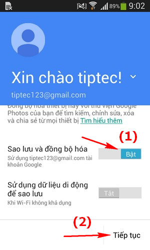 Chọn Tiếp tục sau khi đã kích hoạt Sao lưu và đồng bộ hóa
