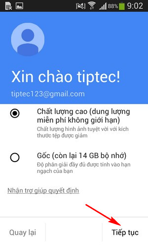 Chọn Chất lượng ảnh rồi ấn vào Tiếp tục